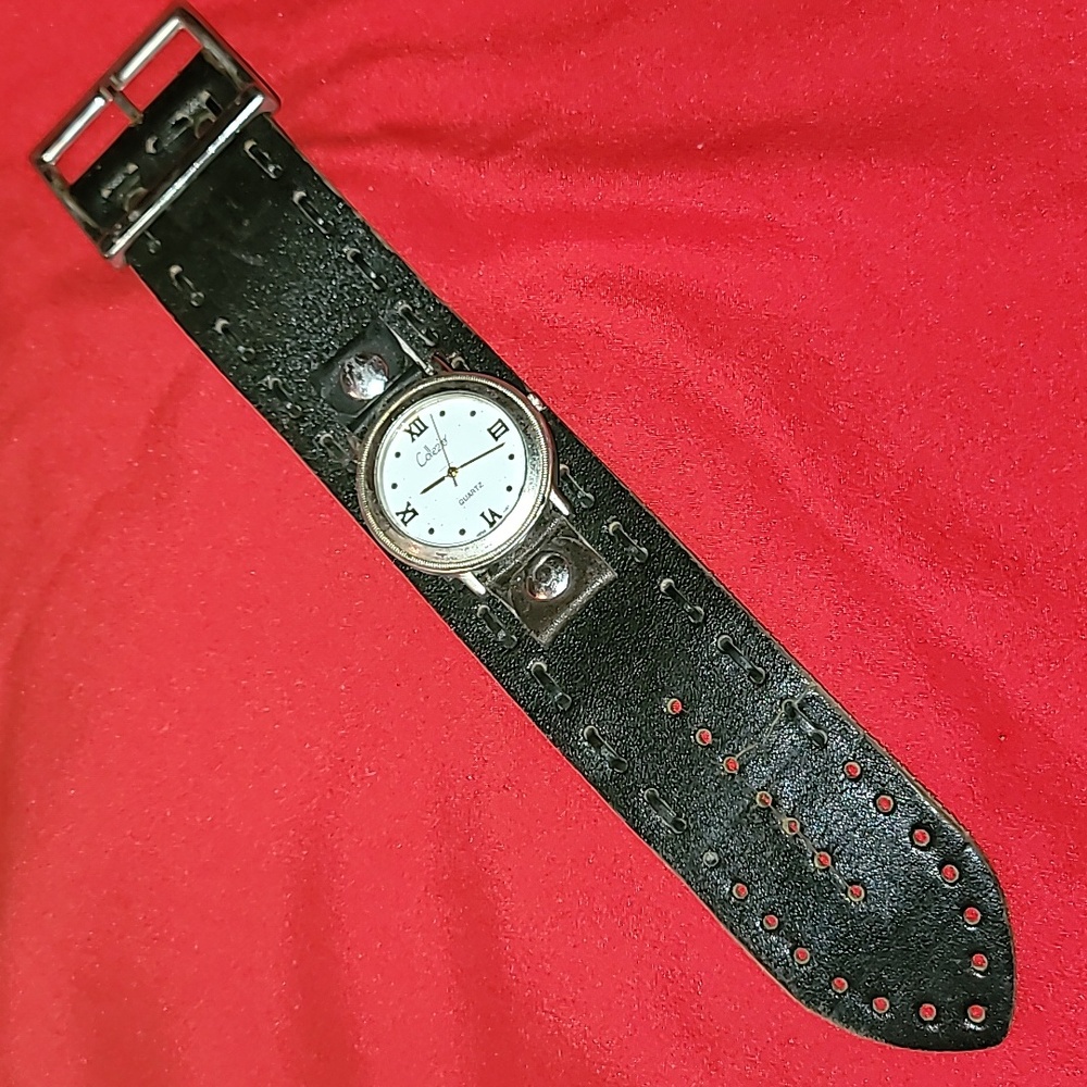 Vintage Collezio Quartz Watch w Thick Black Leather Cuff Band Silver Buckle